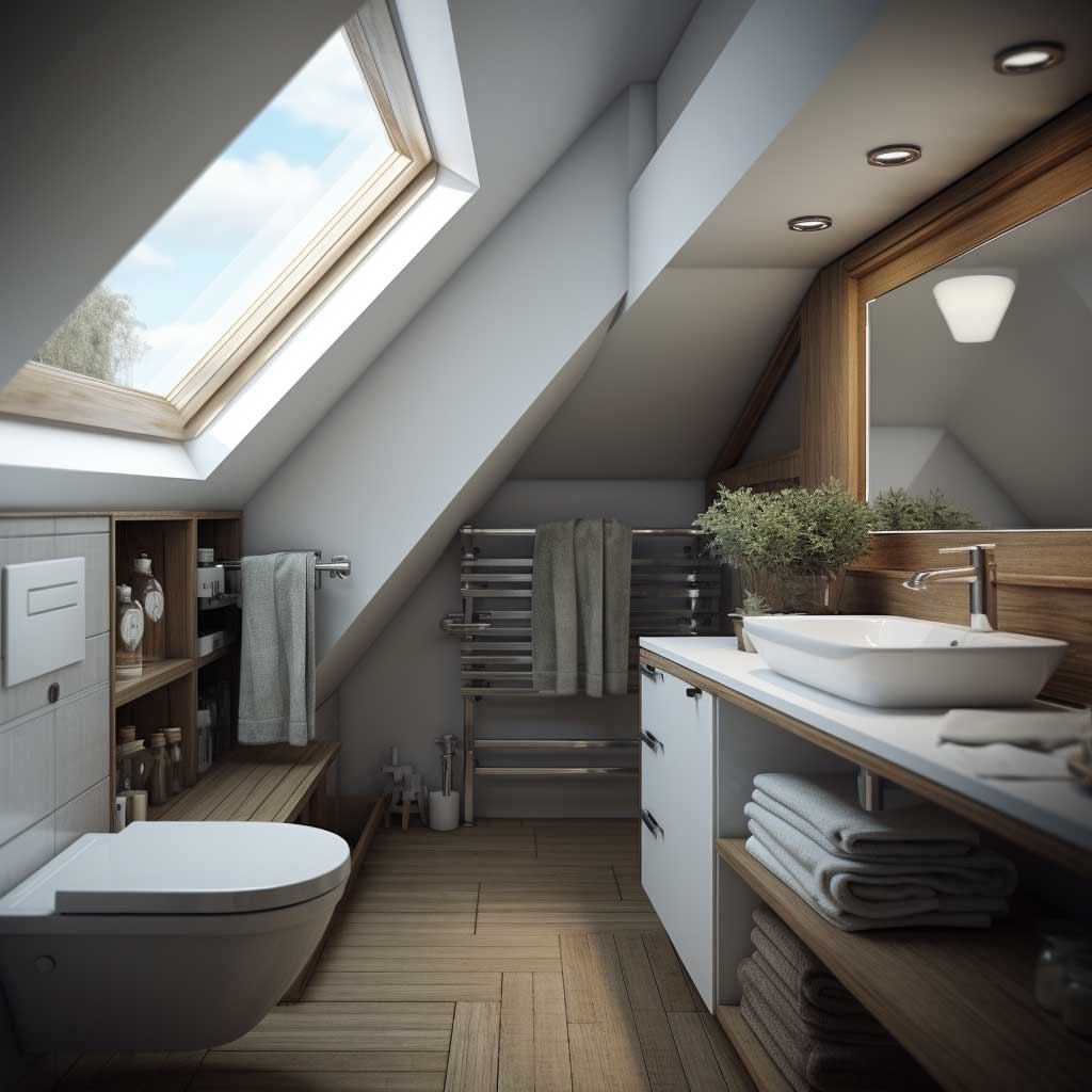 A small loft bathroom ingeniously utilizing space.