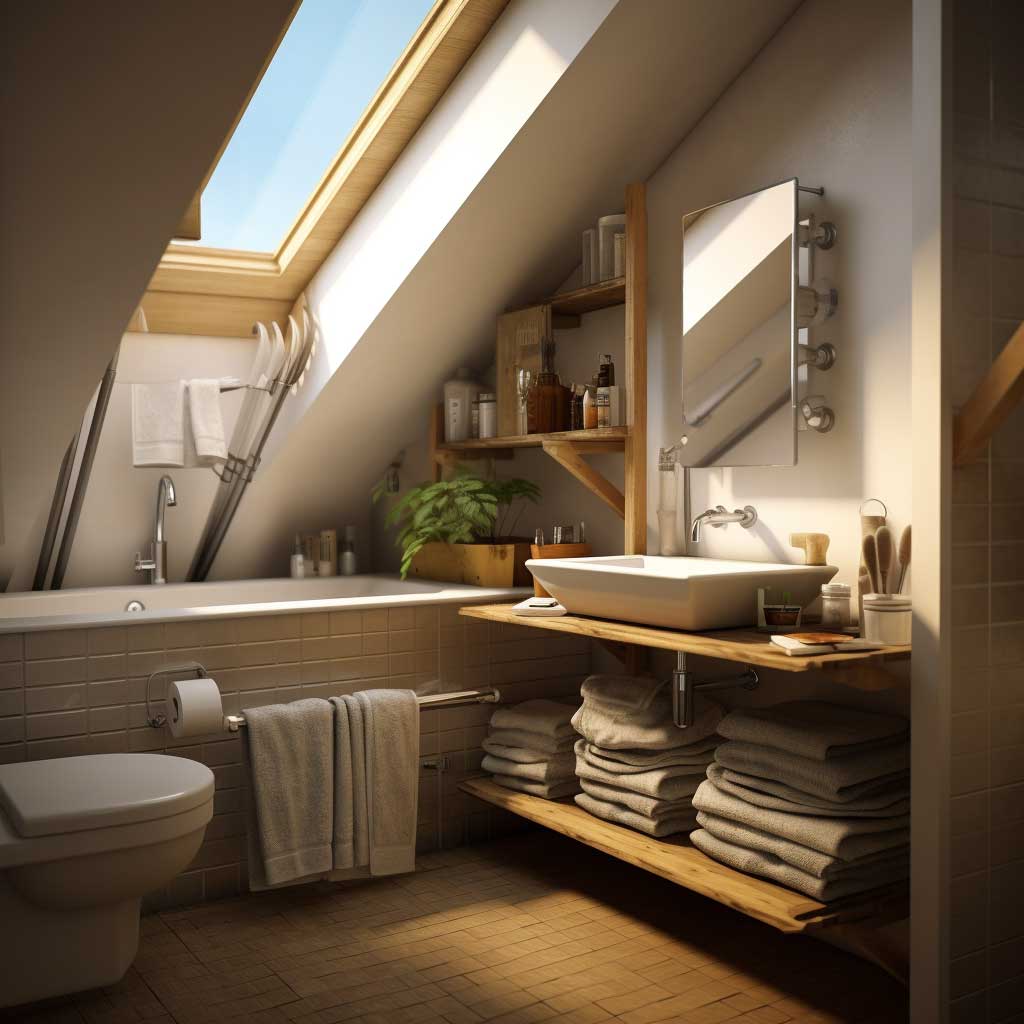 A small loft bathroom ingeniously utilizing space.