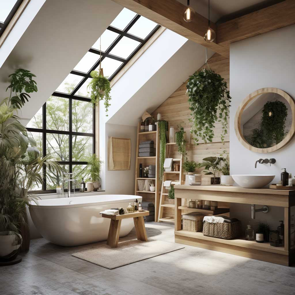 A loft bathroom showcasing eco-friendly design elements.