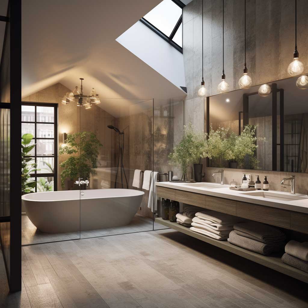 A luxurious loft bathroom with a modern design.