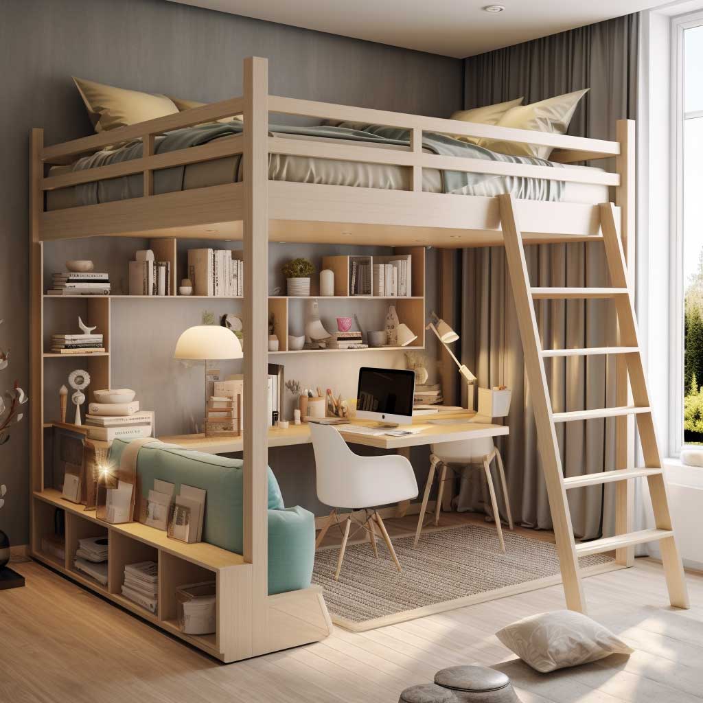 A loft bed for teens featuring a desk and bookshelves underneath, with a ladder on the side.