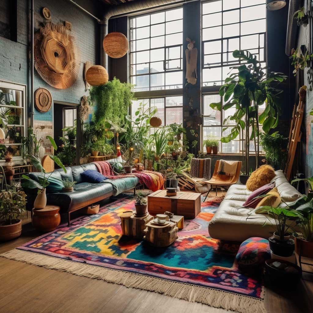 A vibrant bohemian loft living room with eclectic furnishings, colorful rugs, and plenty of plants for a lively, personal touch.