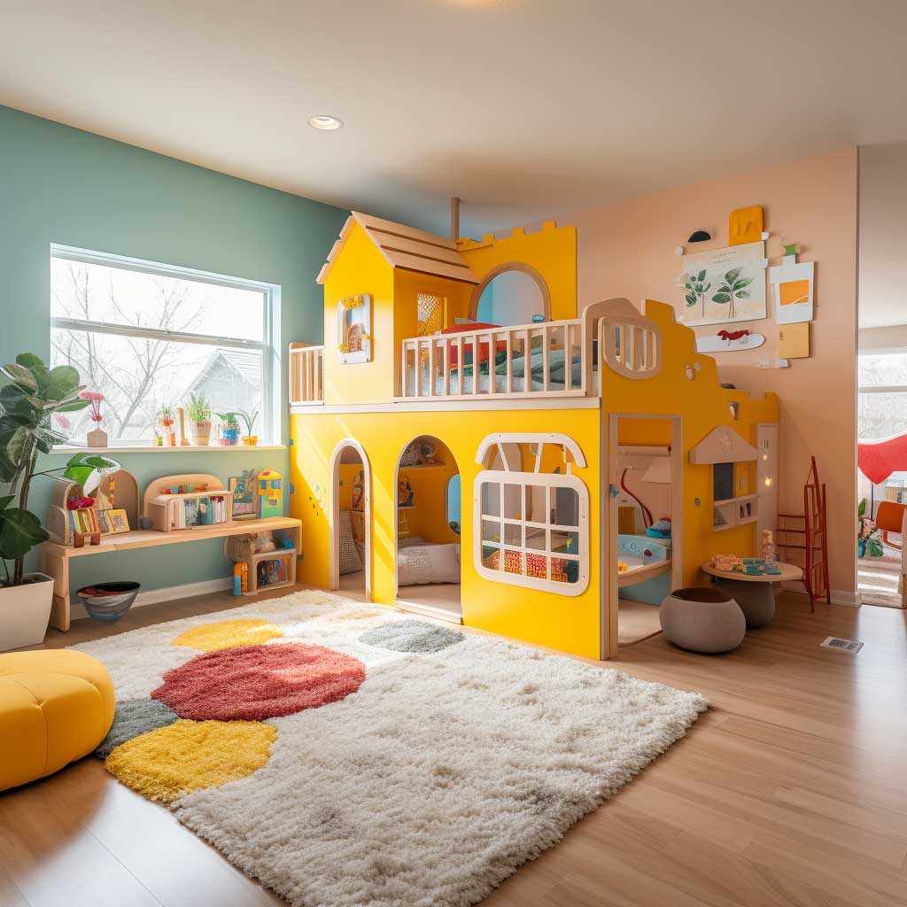 A loft playroom designed like a mini house with windows, a tiny door, and a play kitchen. Around the playhouse, the room features soft, colorful play mats and a variety of toys.