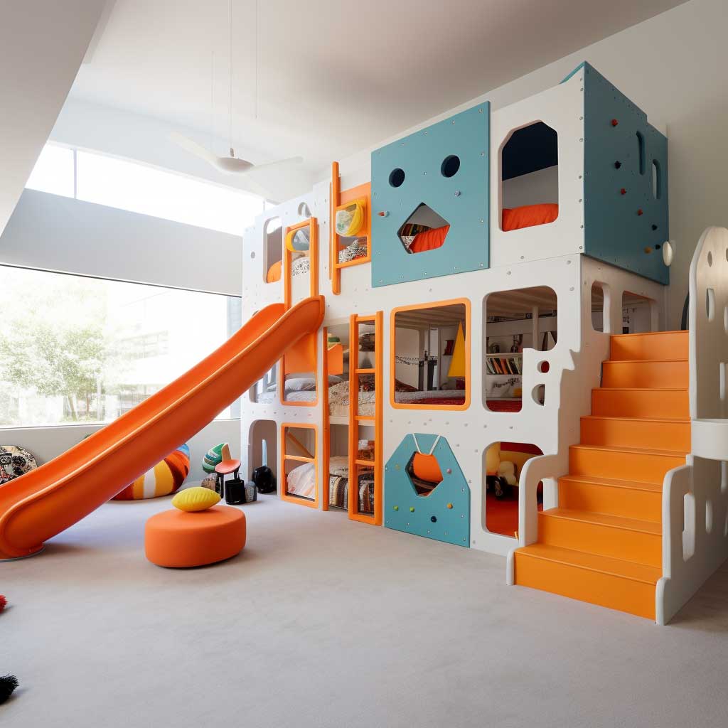 This loft playroom perfectly encapsulates the spirit of active play, with its exciting built-in climbing wall and slide. The vibrantly painted play features instantly catch the eye, promising endless fun. Various play stations are carefully arranged around the room, offering a variety of activities to engage children. With its strategic use of vertical space, this playroom transforms into an indoor playground that encourages children to be active, challenge themselves, and explore different ways to play.