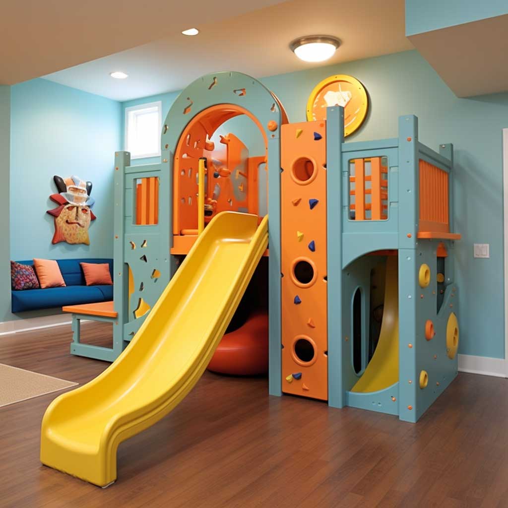 This loft playroom perfectly encapsulates the spirit of active play, with its exciting built-in climbing wall and slide. The vibrantly painted play features instantly catch the eye, promising endless fun. Various play stations are carefully arranged around the room, offering a variety of activities to engage children. With its strategic use of vertical space, this playroom transforms into an indoor playground that encourages children to be active, challenge themselves, and explore different ways to play.
