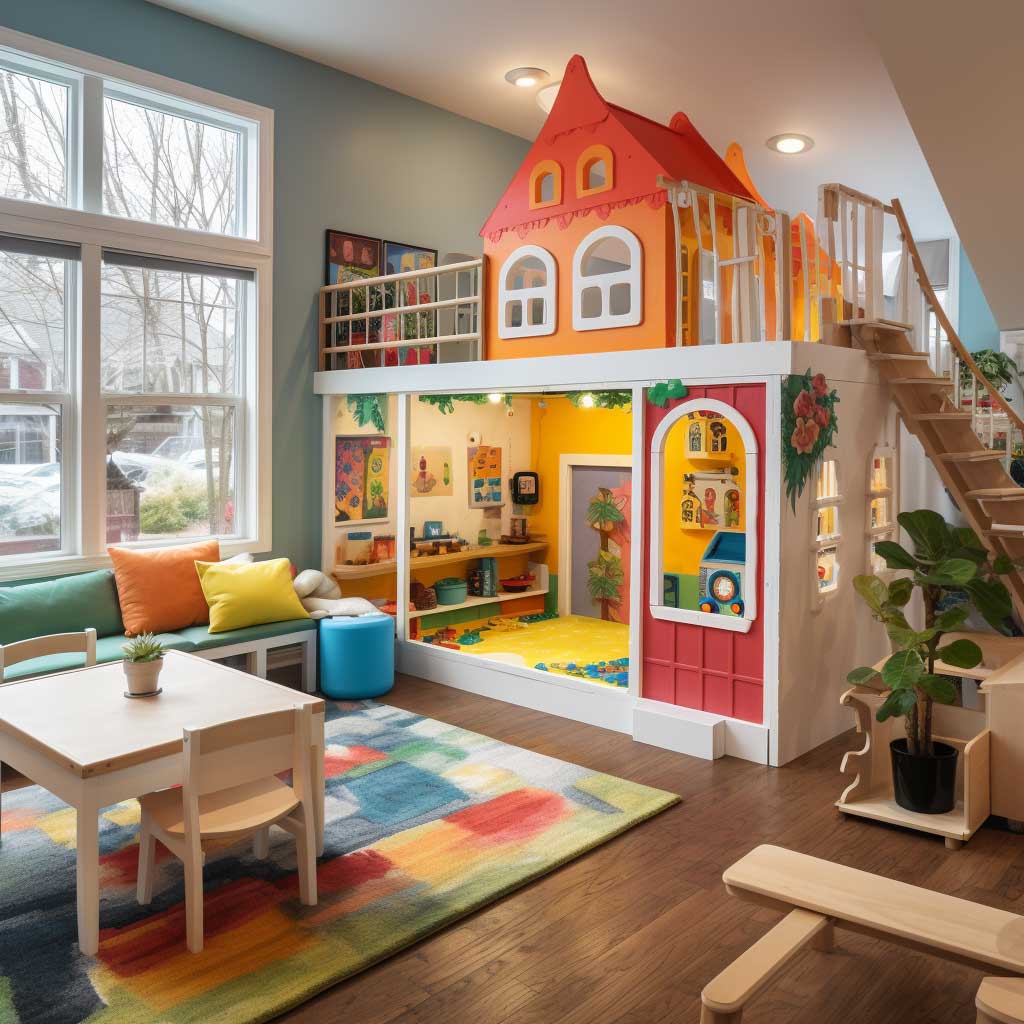 A loft playroom designed like a mini house with windows, a tiny door, and a play kitchen. Around the playhouse, the room features soft, colorful play mats and a variety of toys.