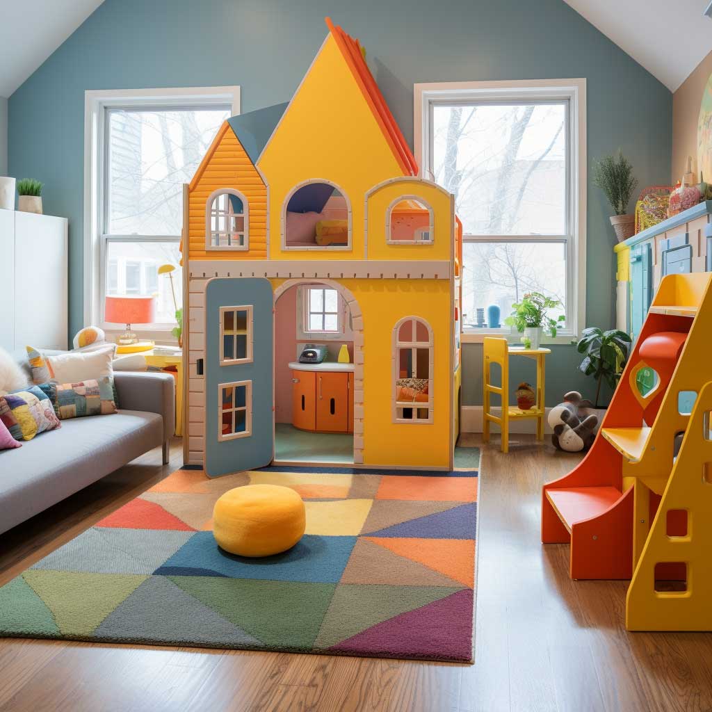 A loft playroom designed like a mini house with windows, a tiny door, and a play kitchen. Around the playhouse, the room features soft, colorful play mats and a variety of toys.