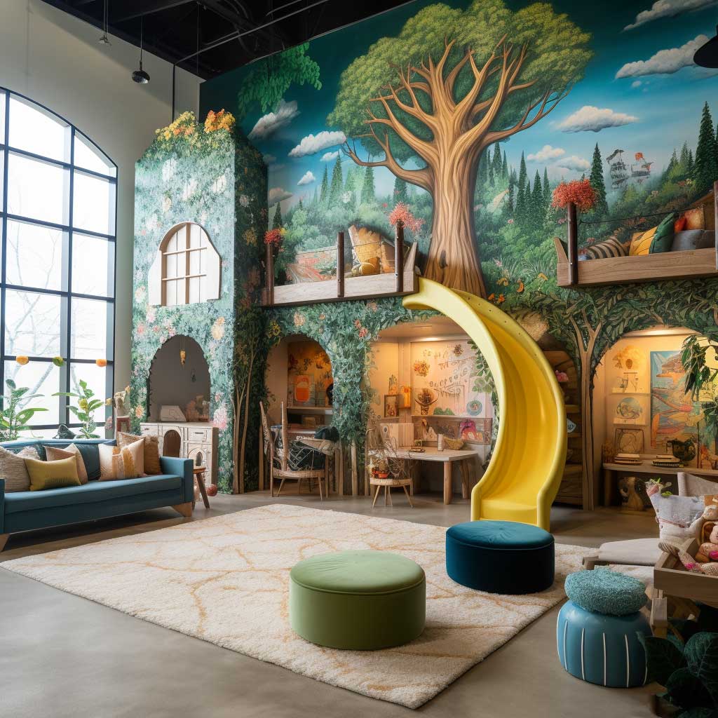 A spacious loft playroom featuring a large mural of an enchanted forest on the wall, with different play stations for children, including a reading nook, craft table, and a mini climbing wall.