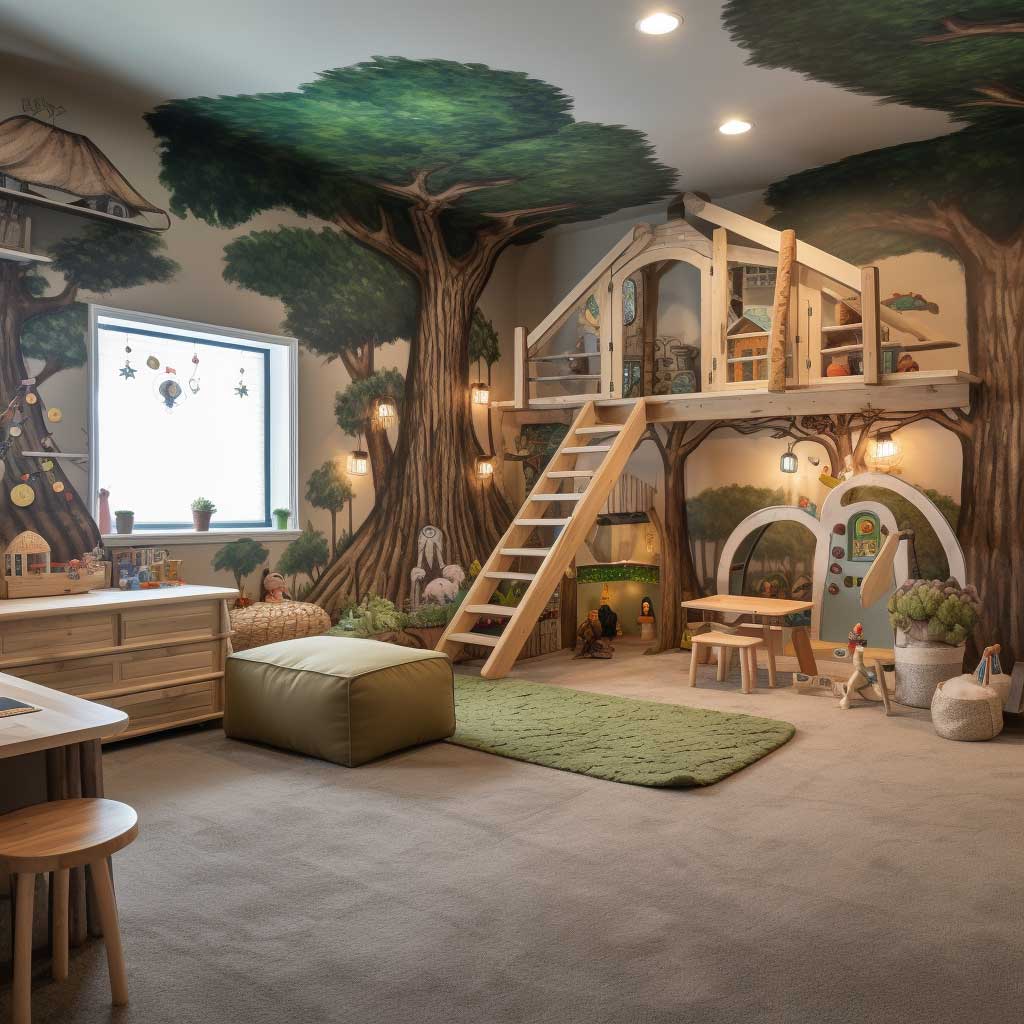 A spacious loft playroom featuring a large mural of an enchanted forest on the wall, with different play stations for children, including a reading nook, craft table, and a mini climbing wall.