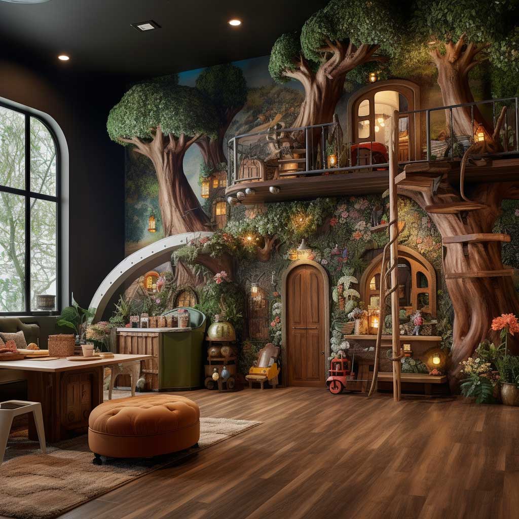 A spacious loft playroom featuring a large mural of an enchanted forest on the wall, with different play stations for children, including a reading nook, craft table, and a mini climbing wall.