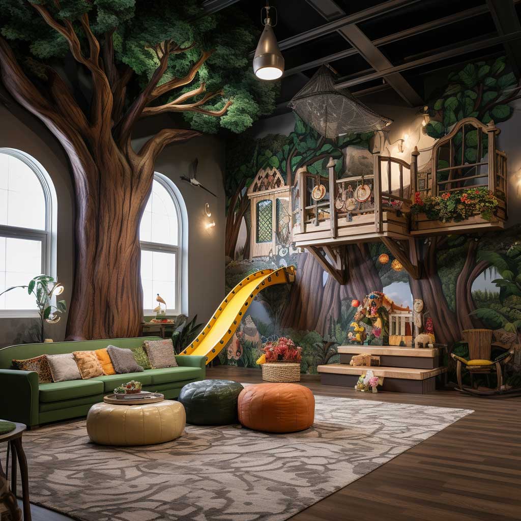 A spacious loft playroom featuring a large mural of an enchanted forest on the wall, with different play stations for children, including a reading nook, craft table, and a mini climbing wall.