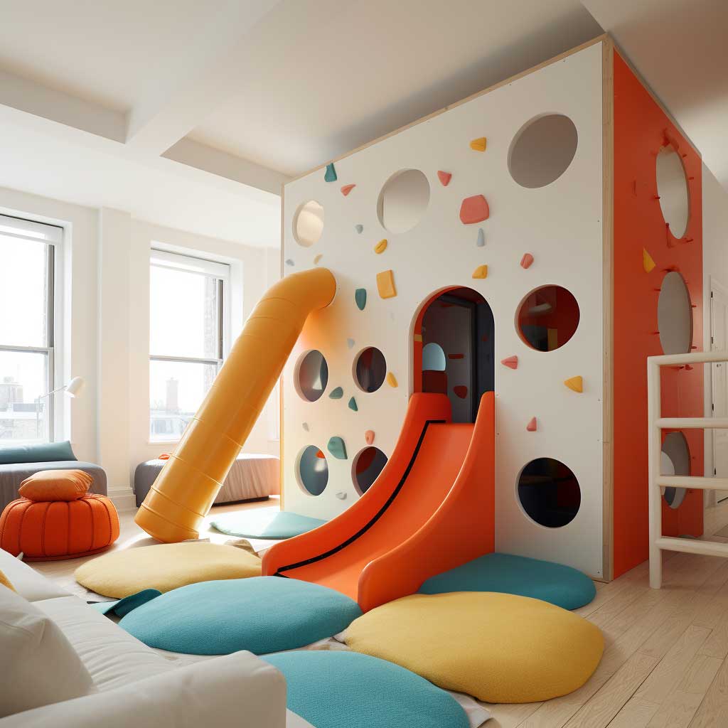 This loft playroom perfectly encapsulates the spirit of active play, with its exciting built-in climbing wall and slide. The vibrantly painted play features instantly catch the eye, promising endless fun. Various play stations are carefully arranged around the room, offering a variety of activities to engage children. With its strategic use of vertical space, this playroom transforms into an indoor playground that encourages children to be active, challenge themselves, and explore different ways to play.