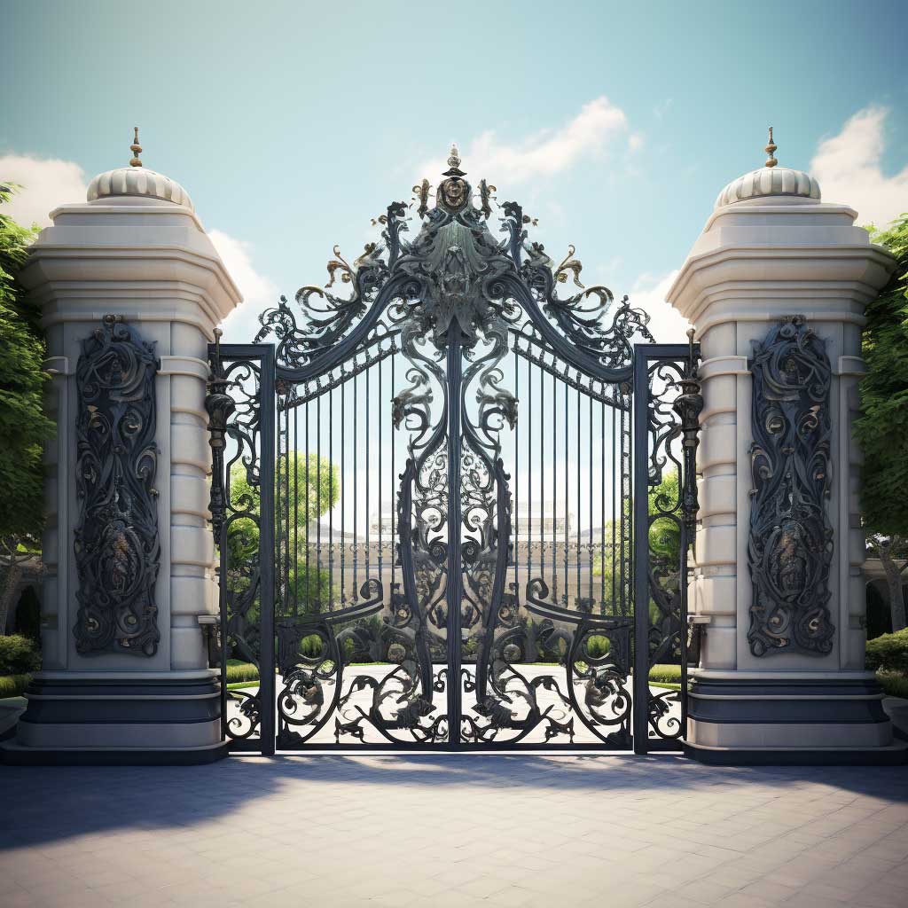 A grand main entrance gate design, made of intricately designed wrought iron, exuding an air of timeless elegance and robust security.