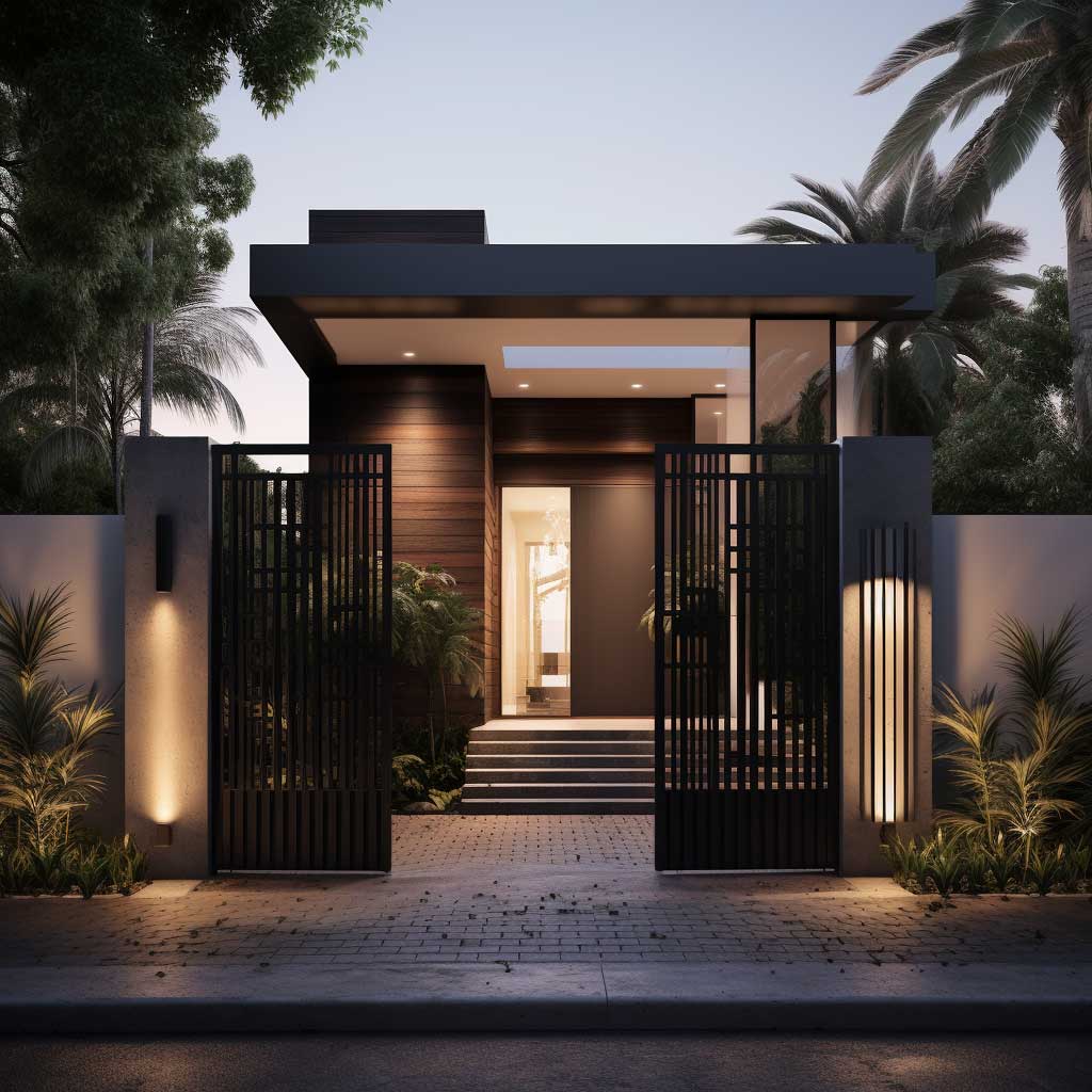 A sleek and modern main entrance gate design featuring clean lines, a mix of materials, and a sense of transparency.