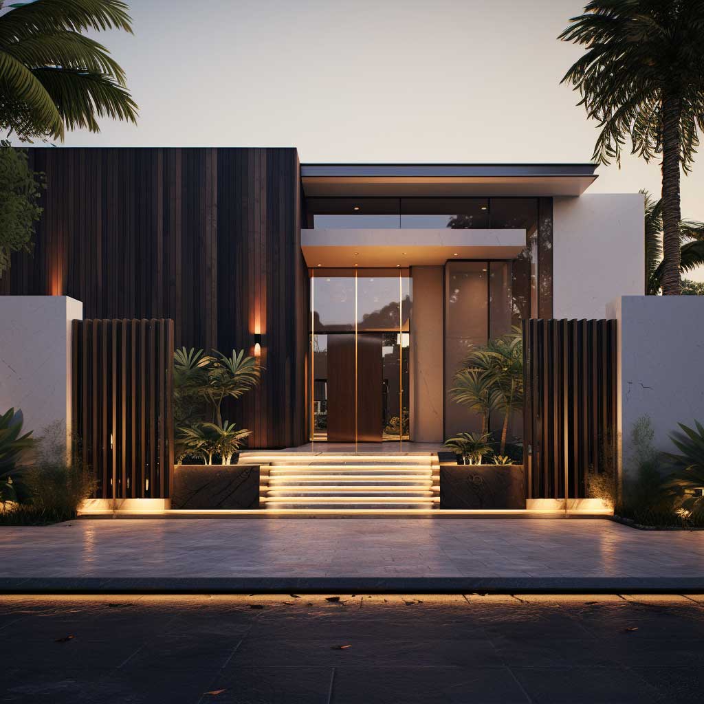 A sleek and modern main entrance gate design featuring clean lines, a mix of materials, and a sense of transparency.