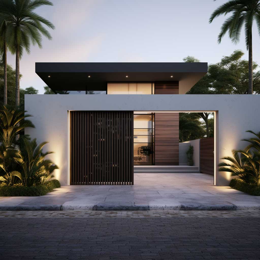 A sleek and modern main entrance gate design featuring clean lines, a mix of materials, and a sense of transparency.