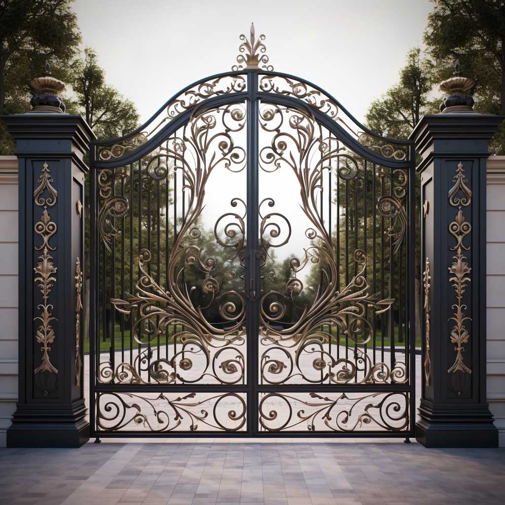 A grand main entrance gate design, made of intricately designed wrought iron, exuding an air of timeless elegance and robust security.