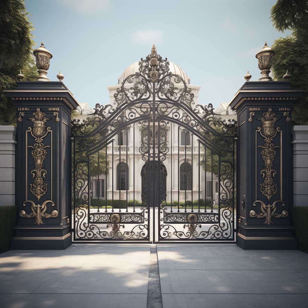 A grand main entrance gate design, made of intricately designed wrought iron, exuding an air of timeless elegance and robust security.