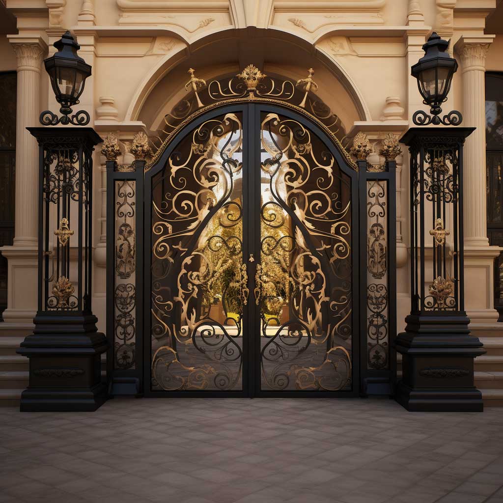 A grand main entrance gate design, made of intricately designed wrought iron, exuding an air of timeless elegance and robust security.