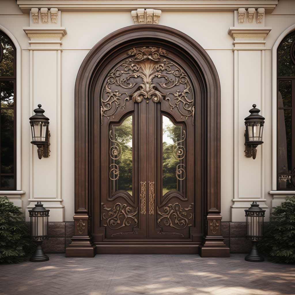 A main entrance gate design showcasing a classic style with solid wooden doors, brass hardware, and detailed carvings.