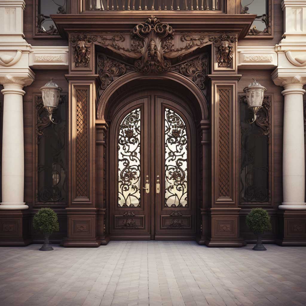 A main entrance gate design showcasing a classic style with solid wooden doors, brass hardware, and detailed carvings.