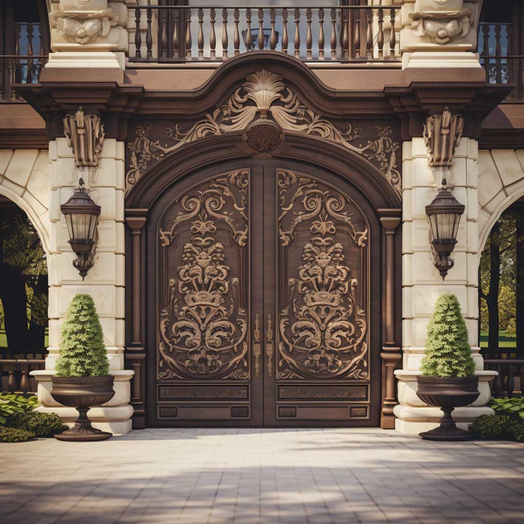 A main entrance gate design showcasing a classic style with solid wooden doors, brass hardware, and detailed carvings.