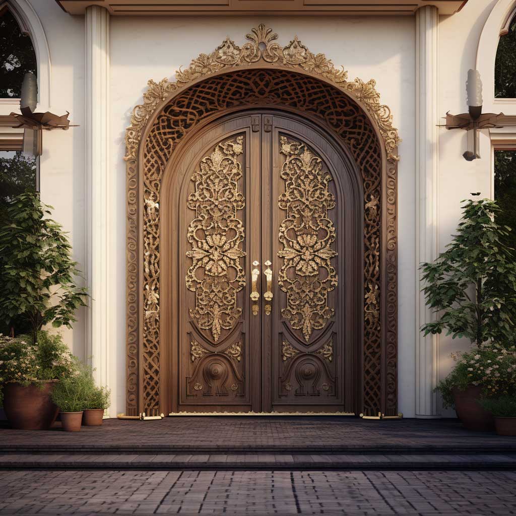 A main entrance gate design showcasing a classic style with solid wooden doors, brass hardware, and detailed carvings.