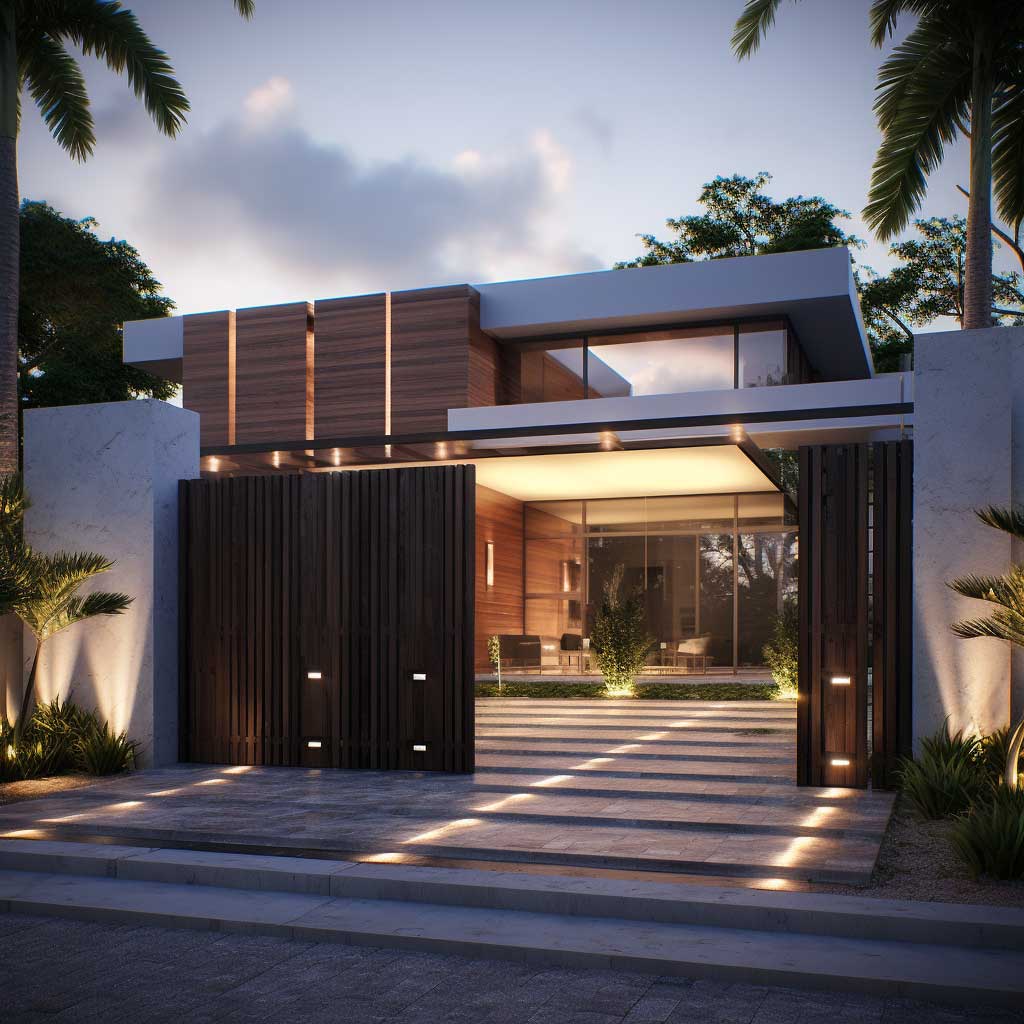 A sleek and modern main entrance gate design featuring clean lines, a mix of materials, and a sense of transparency.