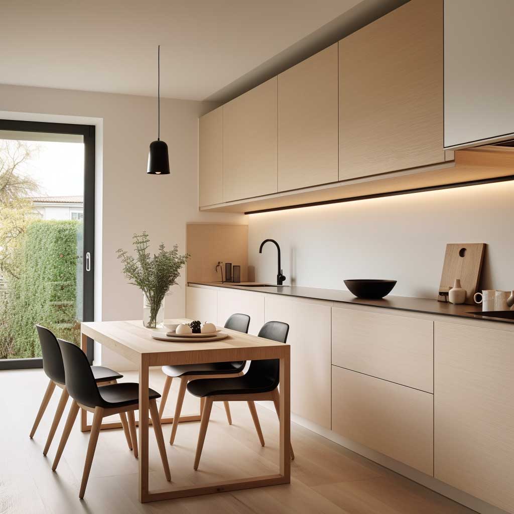 A small kitchen and dining area designed with a minimalist approach.