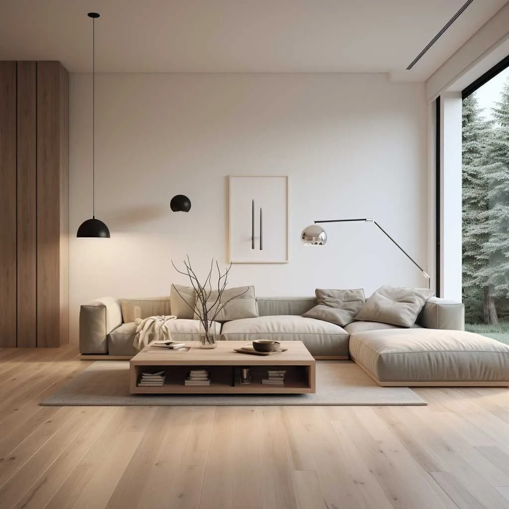 A functional and simple minimalist living room.