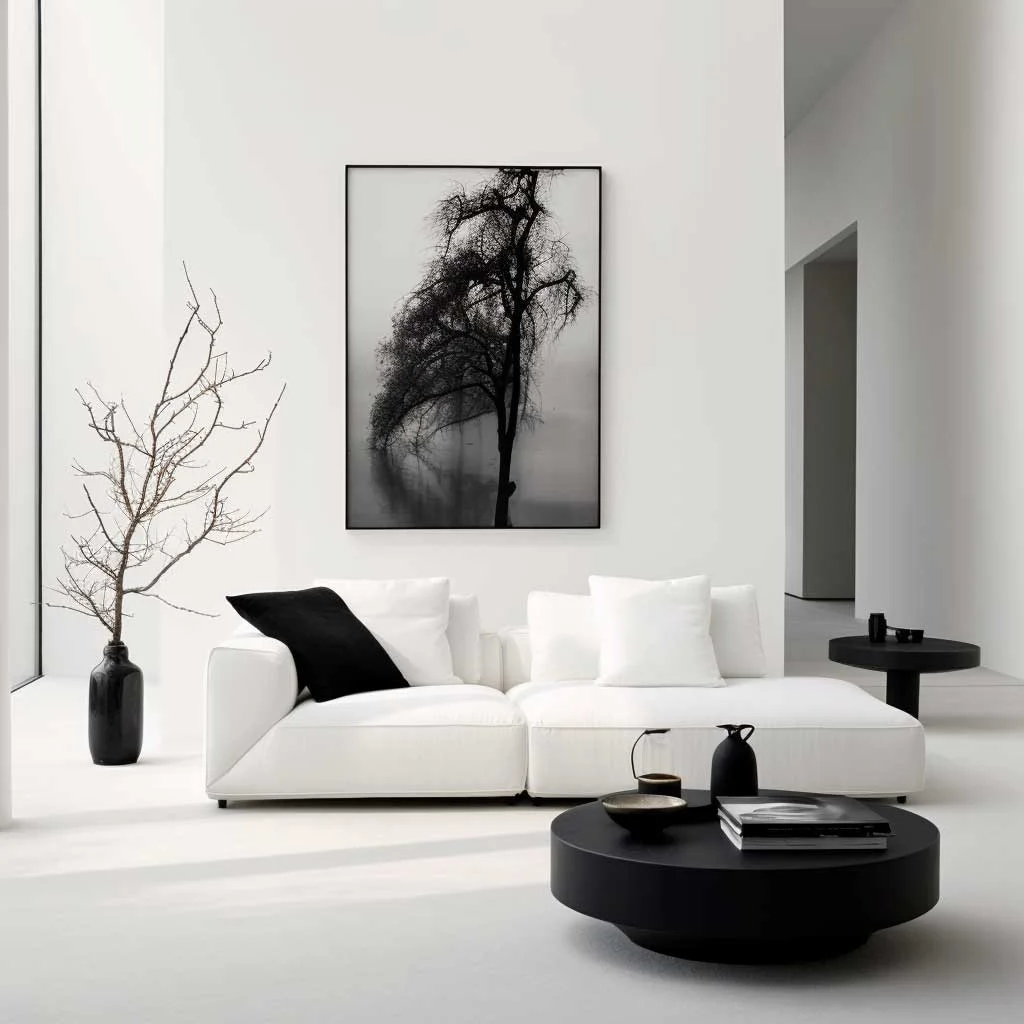 A monochromatic minimalist living room.