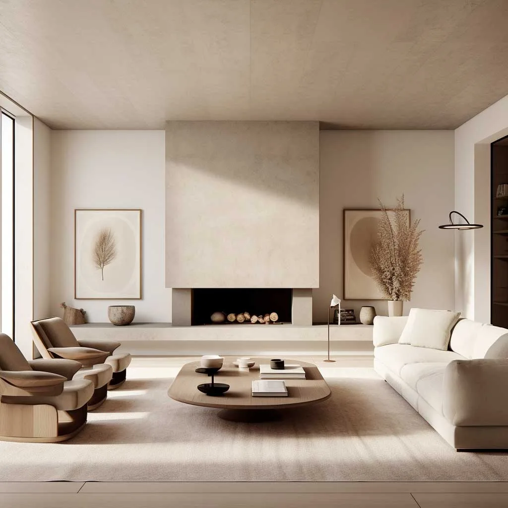 A minimalist living room with warm, neutral tones.