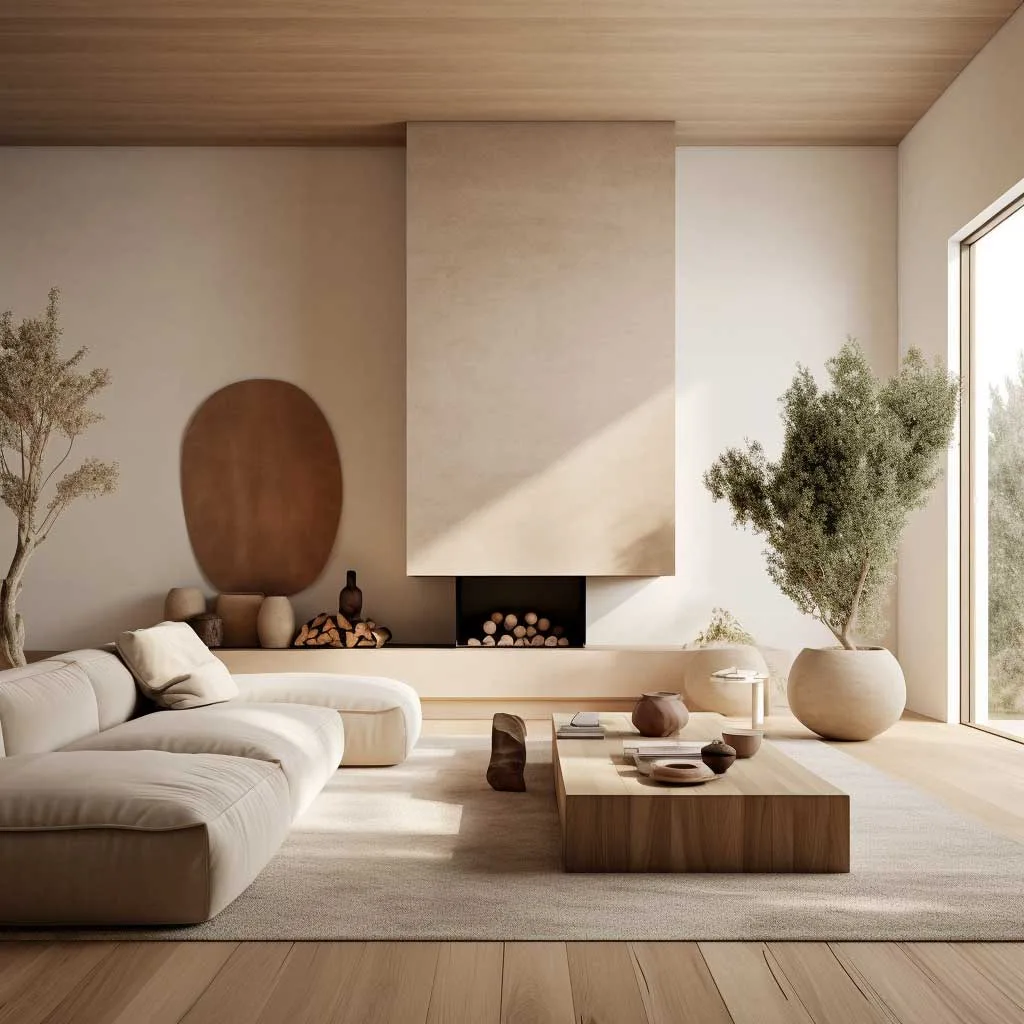 A minimalist living room with warm, neutral tones.