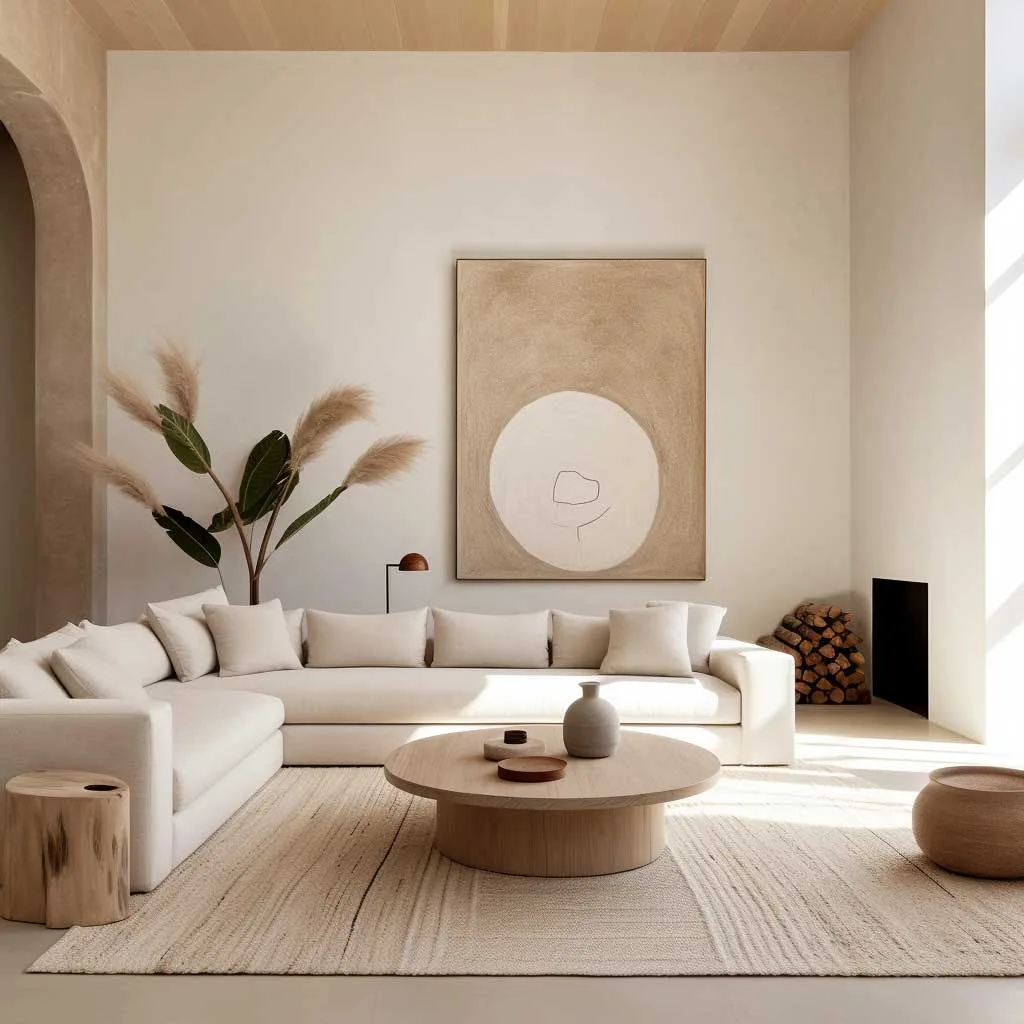 A minimalist living room with warm, neutral tones.