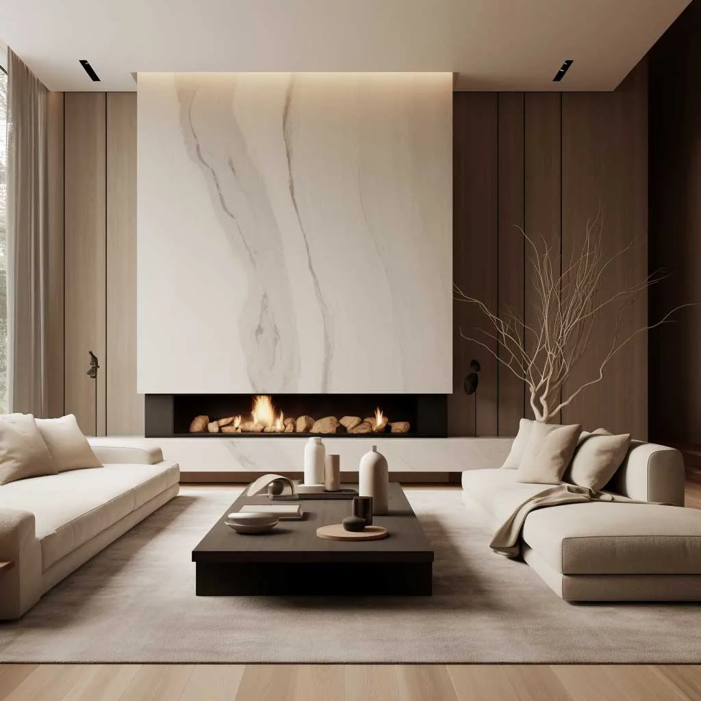 A minimalist living room with warm, neutral tones.