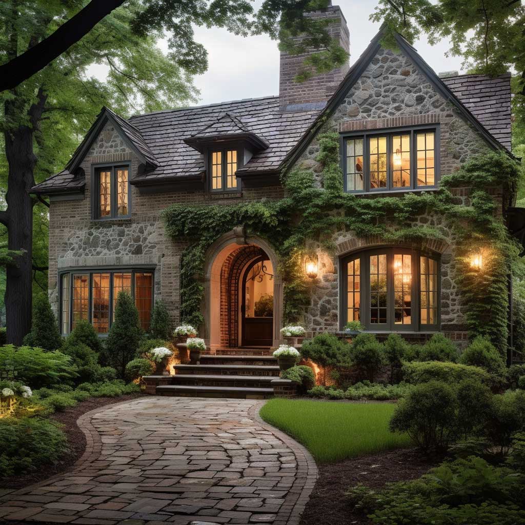 A charming home featuring a creative mix of brick and stone exterior elements, complemented by lush greenery and a cobblestone pathway.