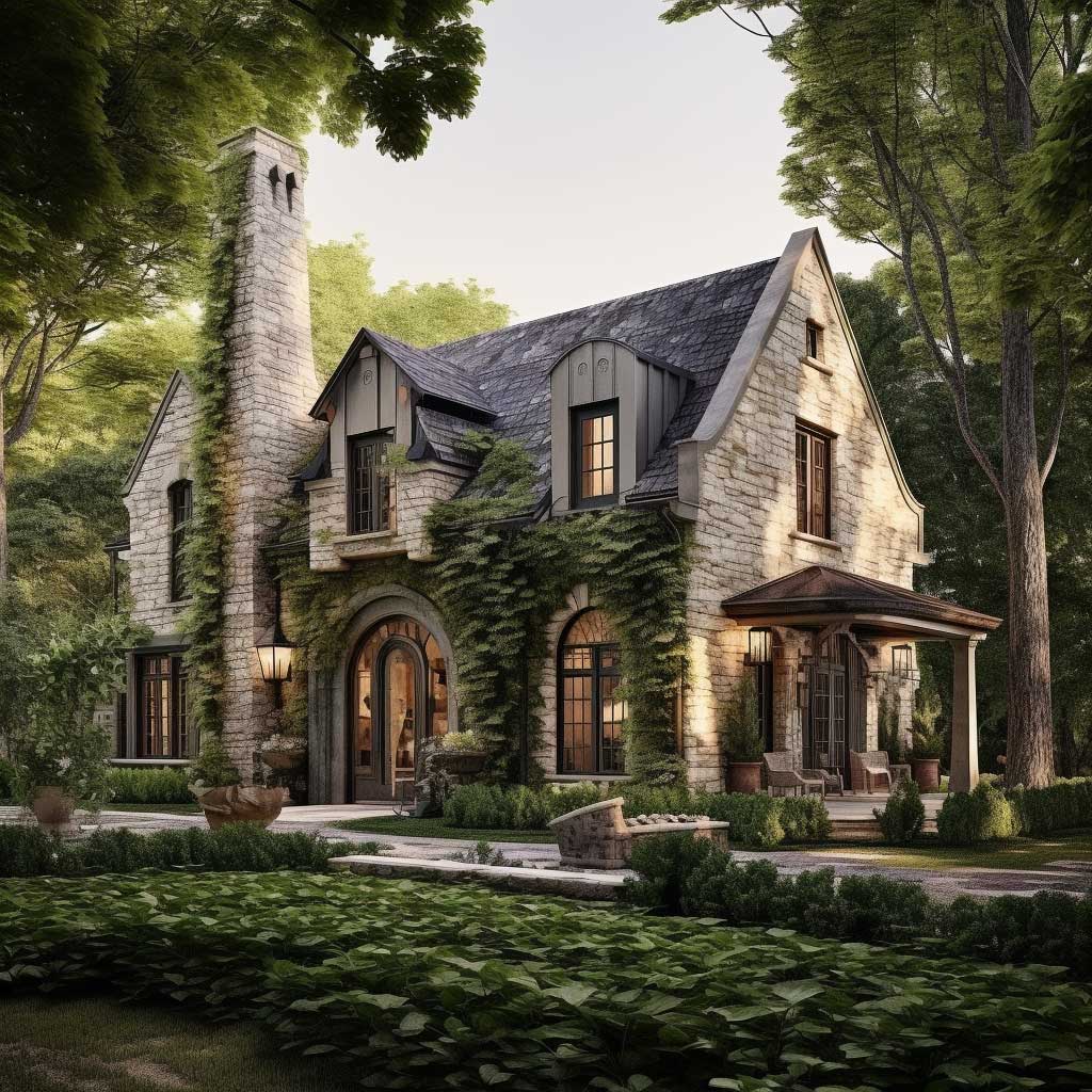 A charming home featuring a creative mix of brick and stone exterior elements, complemented by lush greenery and a cobblestone pathway.