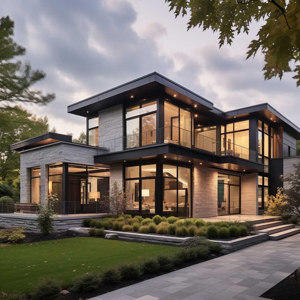 A modern home showcasing a creative mix of brick and stone exterior elements, accentuated by sleek lines and large glass windows.
