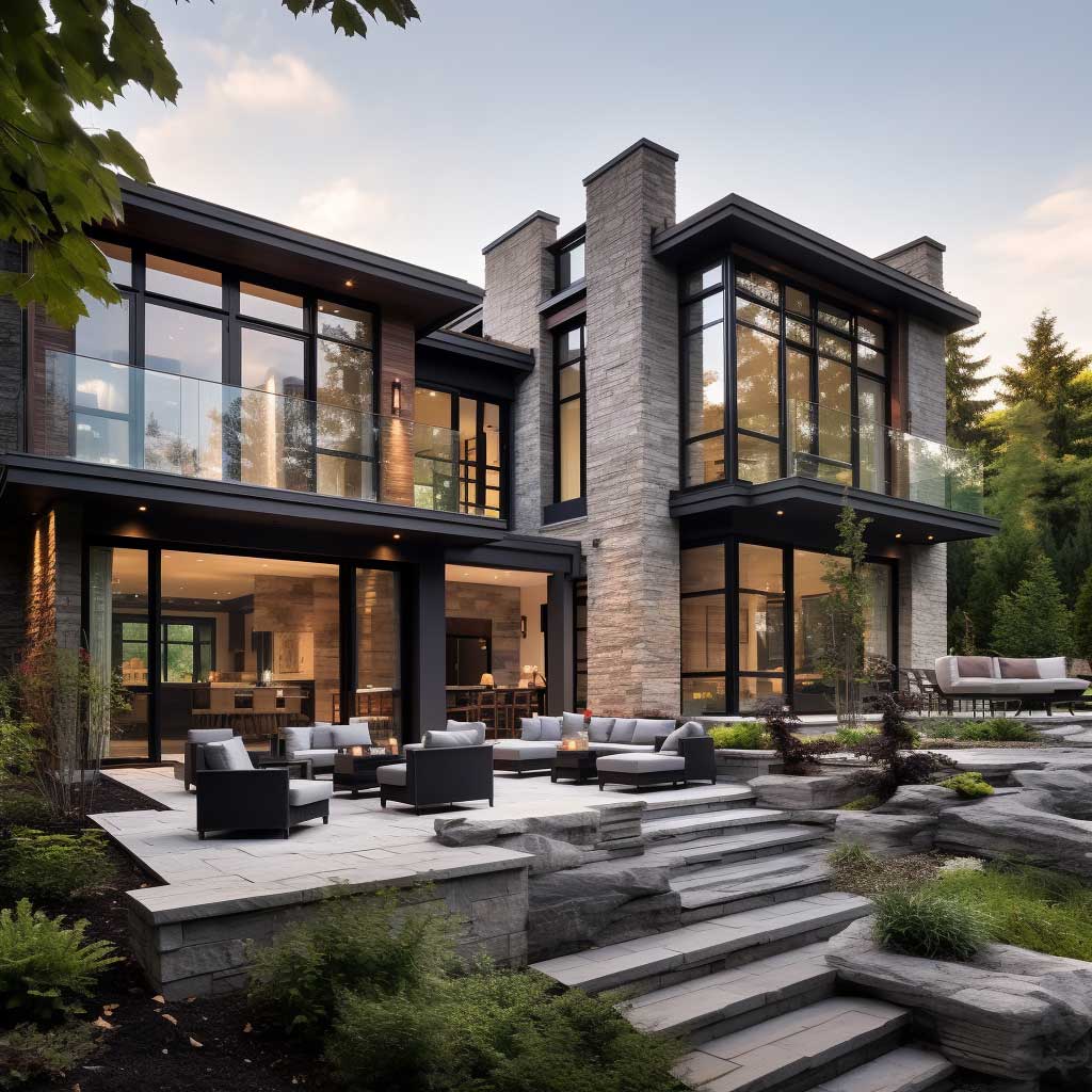 A modern home showcasing a creative mix of brick and stone exterior elements, accentuated by sleek lines and large glass windows.