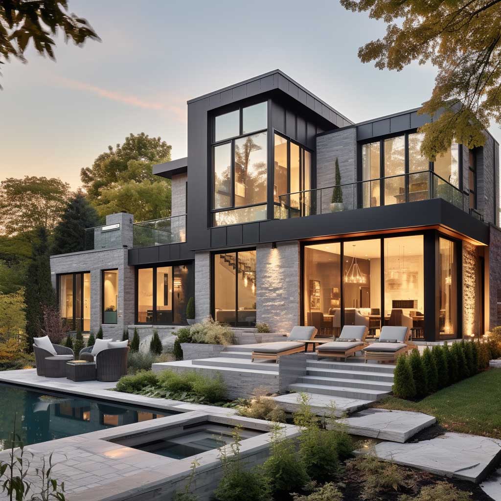 A modern home showcasing a creative mix of brick and stone exterior elements, accentuated by sleek lines and large glass windows.