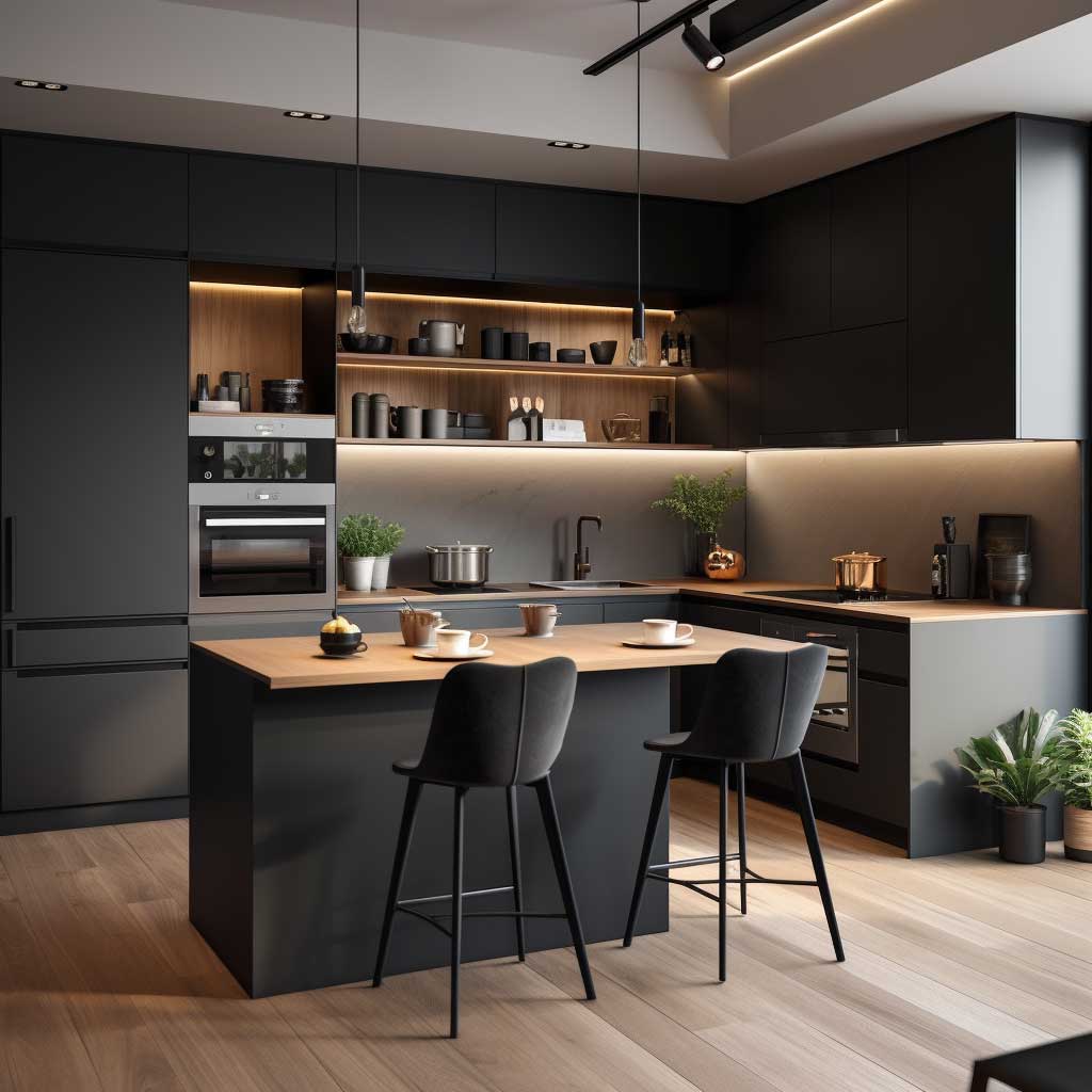 A compact, modern kitchen featuring matte black cabinetry, open shelving, and a breakfast bar.