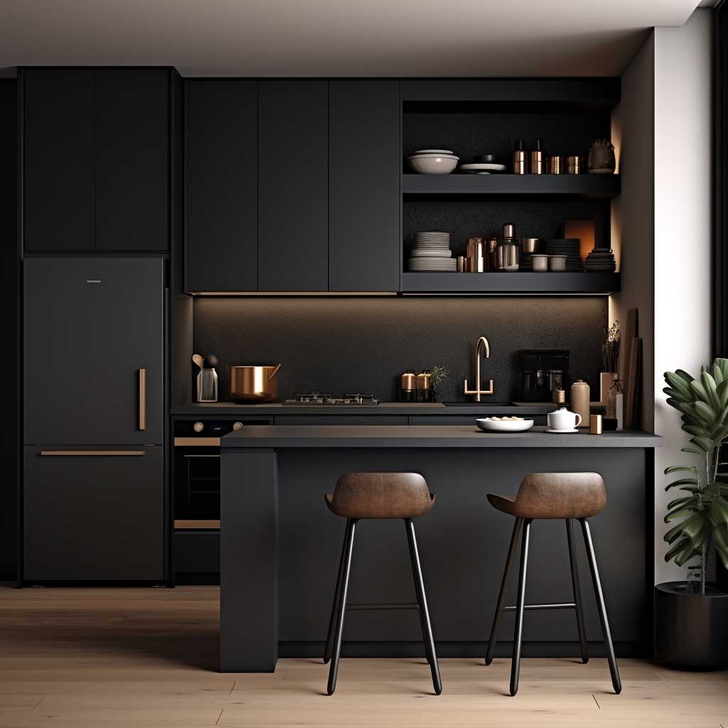 A compact, modern kitchen featuring matte black cabinetry, open shelving, and a breakfast bar.