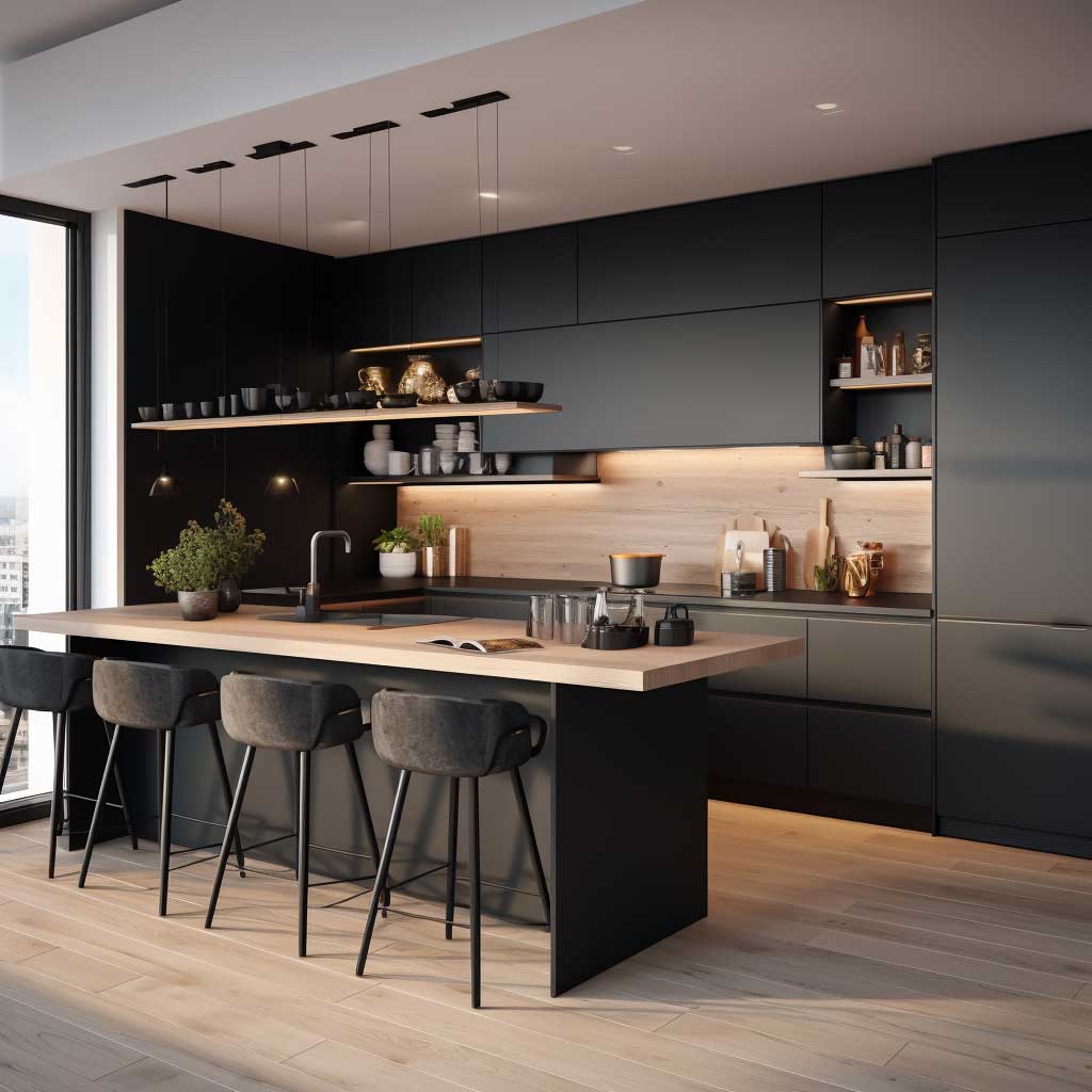 A compact, modern kitchen featuring matte black cabinetry, open shelving, and a breakfast bar.