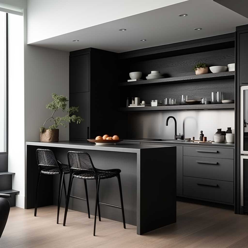 A compact, modern kitchen featuring matte black cabinetry, open shelving, and a breakfast bar.