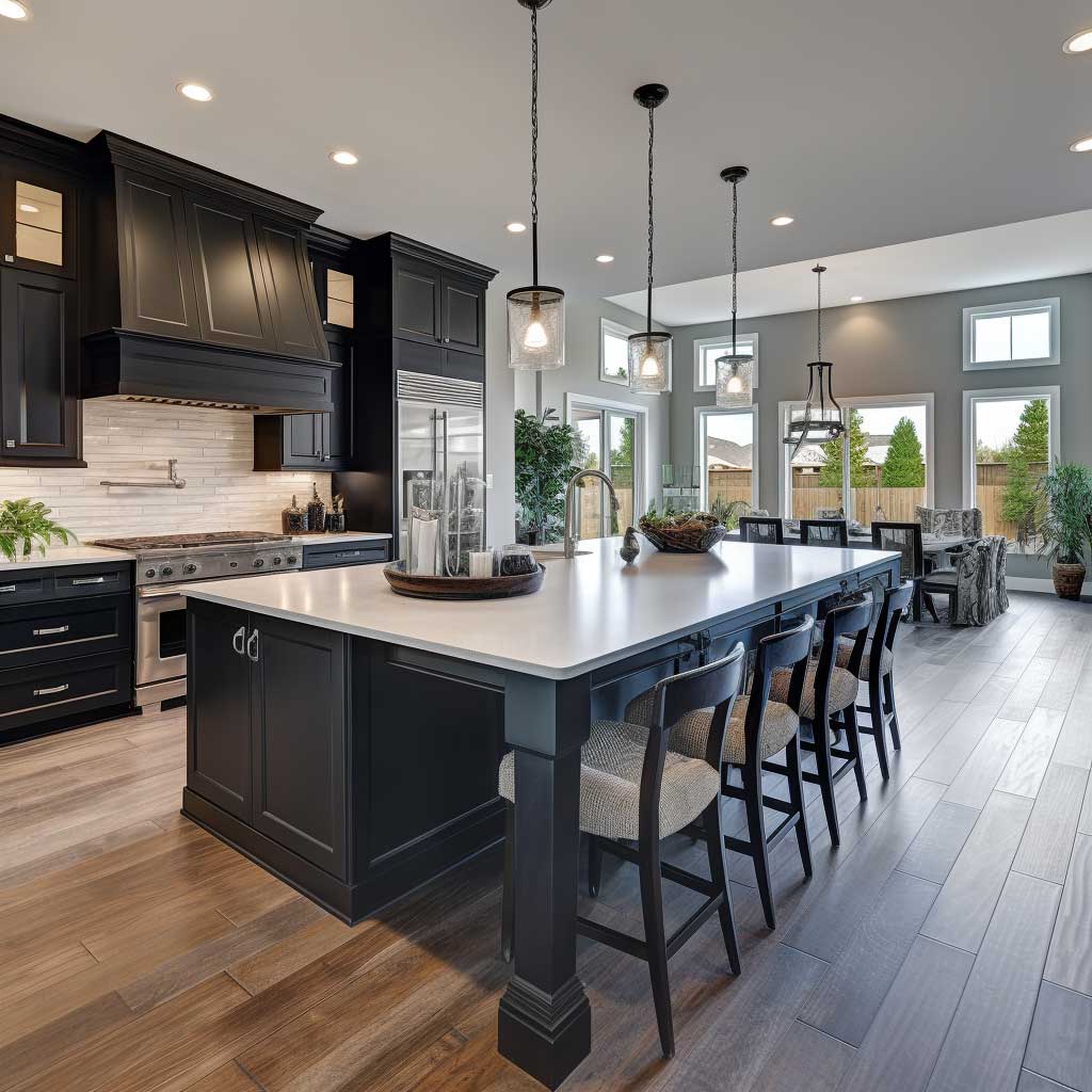 A large, open-concept kitchen featuring black wooden cabinets, a long island, and pendant lights.