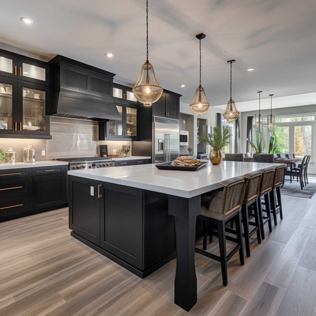 A large, open-concept kitchen featuring black wooden cabinets, a long island, and pendant lights.