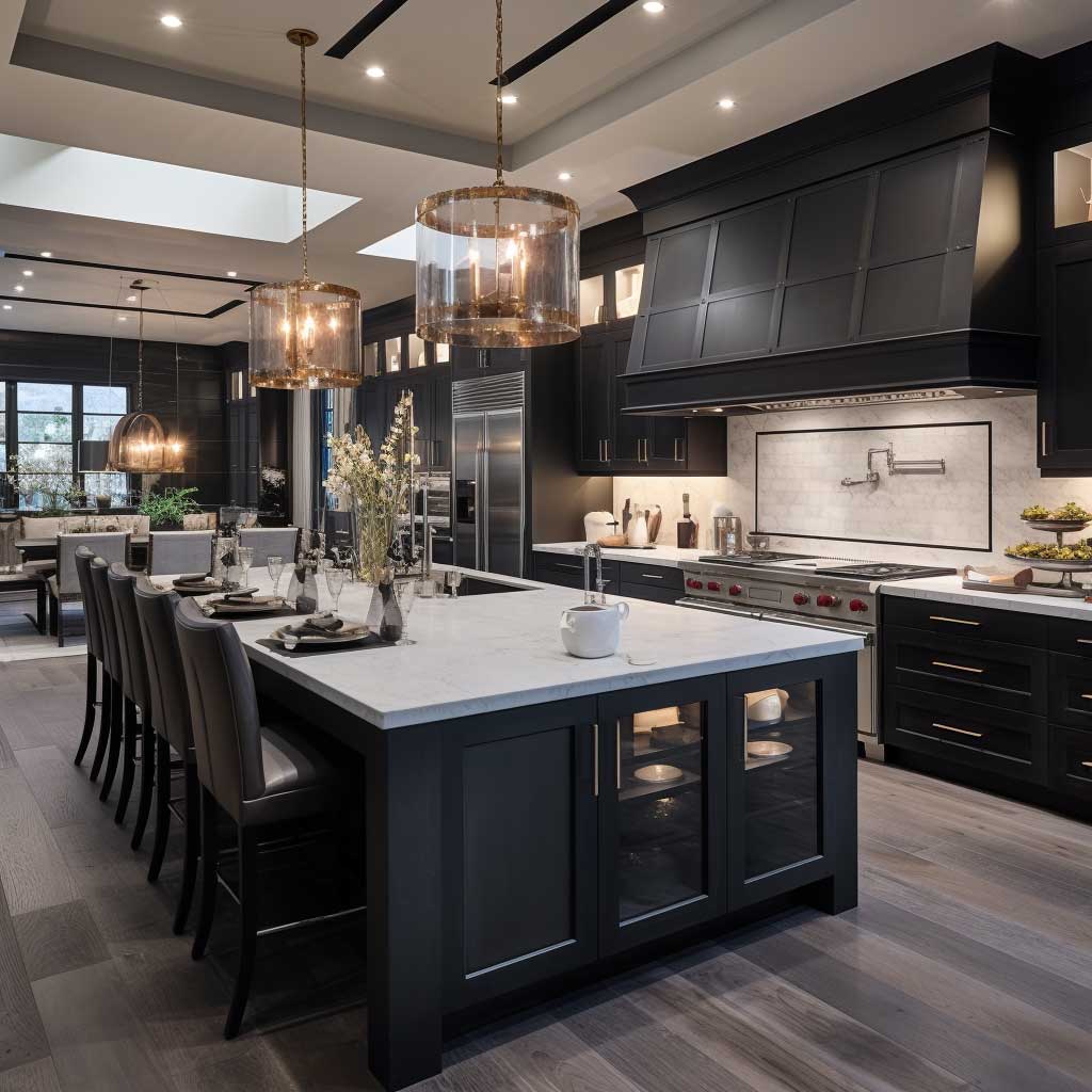 A large, open-concept kitchen featuring black wooden cabinets, a long island, and pendant lights.