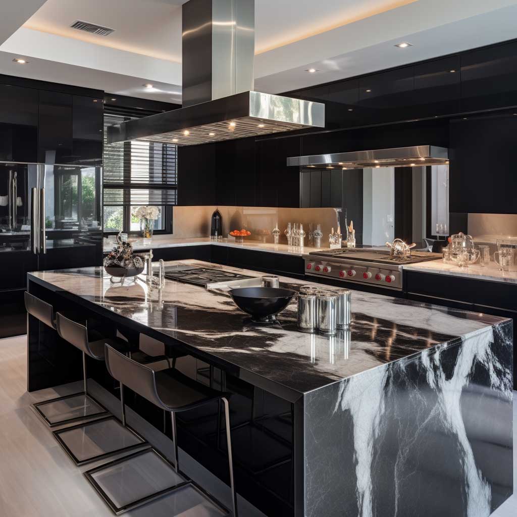 A sleek, modern kitchen featuring high-gloss black cabinetry, stainless steel appliances, and an elegant marble island.