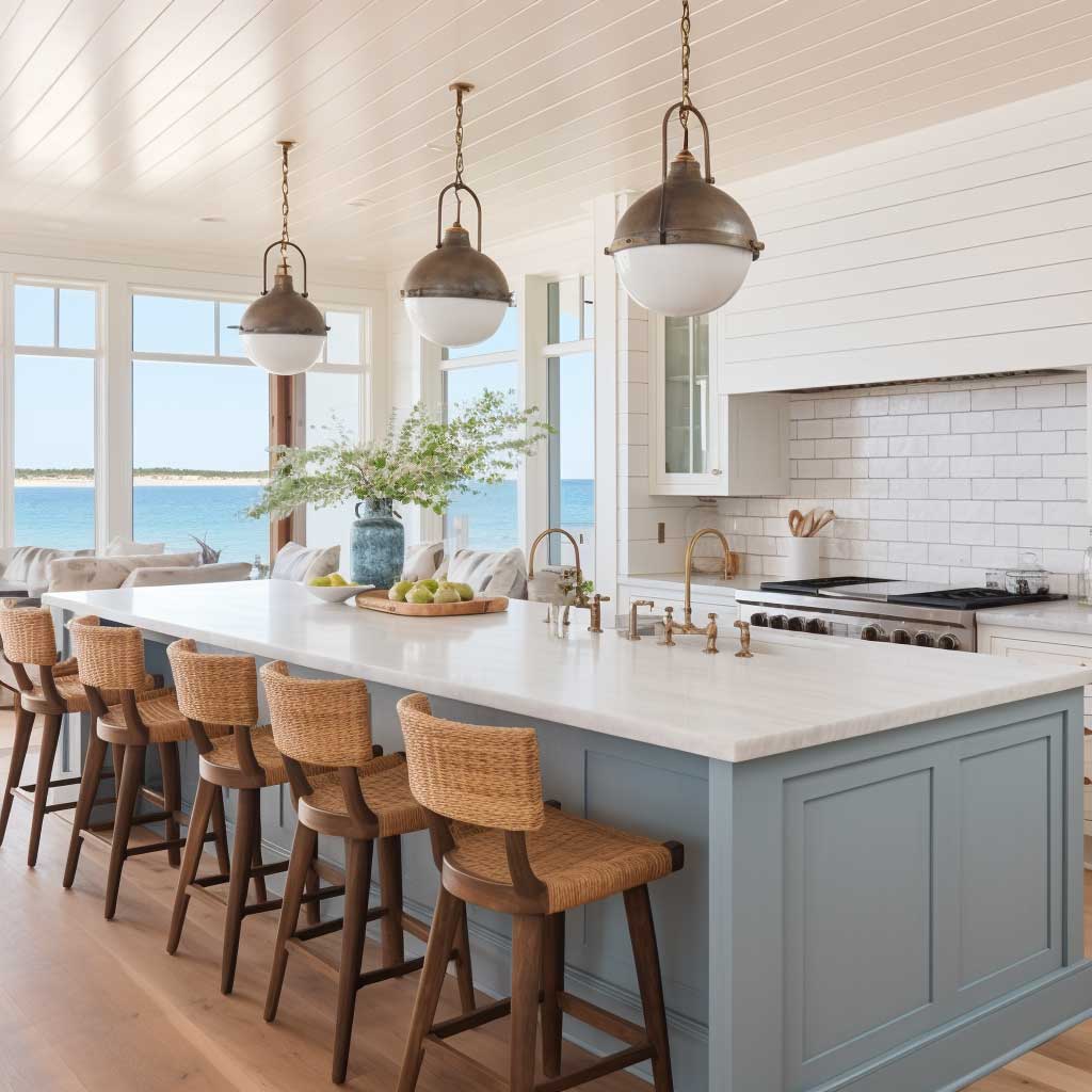 A modern coastal kitchen with a large island, pendant lighting, and shiplap walls.