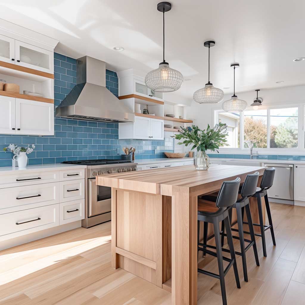 An airy modern coastal kitchen featuring white shaker cabinets, a blue subway tile backsplash, and natural wood accents.